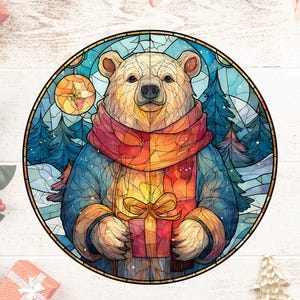 May include: A stained-glass style illustration of a polar bear wearing a colorful scarf and coat, holding a wrapped gift. The background features a winter scene with pine trees and a full moon. The image is circular.