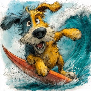 May include: Watercolor illustration of a dog surfing. The dog has yellow and blue fur, a black nose, and a surprised expression. It rides a red surfboard on a large blue wave. The artwork has a whimsical, cartoonish style.