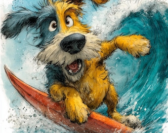 14 divertidos gráficos de perros JPEG Clipart de perro surfista Animal peculiar Surf imprimible Olas del océano Arte digital, Álbum de recortes, diario basura, fabricación de tarjetas