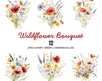 Op de afbeelding: Waterverfillustratie van zes boeketten wilde bloemen. Elk boeket bevat een verscheidenheid aan kleurrijke bloemen, waaronder rode klaprozen, gele en blauwe wilde bloemen en lavendel takjes. De tekst "Wildflower Bouquet 12" wordt in rood weergegeven.