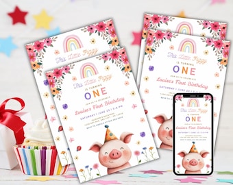 Invitación de cumpleaños de chica de granja: Fiesta de animales rosas, plantilla editable de Canva