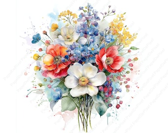 Op de afbeelding: Waterverfillustratie van een levendig boeket bloemen. De compositie bevat rode klaprozen, witte anemoon, blauwe ridderspoor en gele bloemen. Groene bladeren en bessen dragen bij aan het naturalistische ontwerp. De achtergrond heeft zachte aquarelspatten.