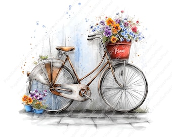 Vintage Bicycle Clipart, 14 JPEGs ,Floral bike Printable Watercolor clipart, High Quality PNGs, Digital download, Paper craft, junk journals