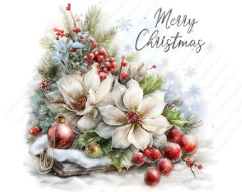Op de afbeelding: Waterverfillustratie van een kerstbloemstuk. Met witte bloemen, rode bessen, groene hulst en rode en gouden ornamenten. De woorden "Merry Christmas" zijn in cursief geschreven.