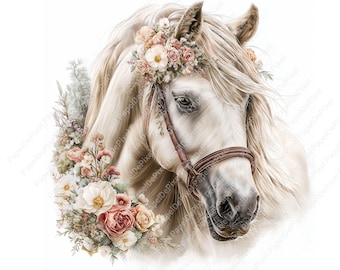 Op de afbeelding: Digitale illustratie van een witte paardenkop versierd met een bloemenkrans en een bruine teugel. De bloemen zijn in tinten roze, perzik en wit, wat een zachte, romantische esthetiek creëert. De manen van het paard zijn lang en vloeiend.