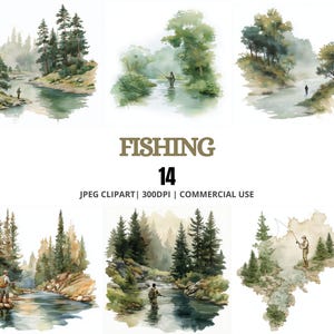 May include: Watercolor illustrations of fishing scenes. Each image depicts a person fishing in a river or stream, surrounded by trees and foliage. The word "FISHING" is displayed in a brown font, along with the number "14".
