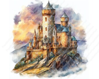 Watercolor magical castle Clipart Bundle, Enchanted castle, High quality JPEG Illustration, Paper craft, Digital Download, Commercial use .