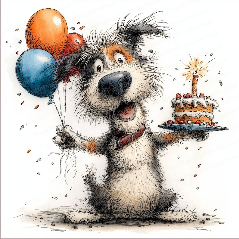 a funny dog holding a birthday cake with some balloons