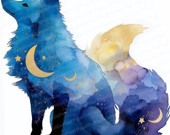 May include: A watercolour illustration of a fox featuring a night sky design. The fox is predominantly blue with gold accents, including crescent moons and stars. The fox is depicted in a seated position, with its head raised, and has a fluffy tail.