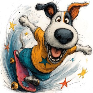 May include: A cartoon illustration of a dog skateboarding. The dog is wearing an orange shirt with a blue star and blue shorts. The skateboard is red with yellow wheels. The background has blue and white swirls and star shapes.