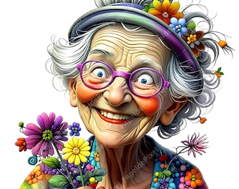 Anciana caprichosa, clipart de ancianas, ancianas peculiares, clipart de abuela divertida, clipart de mujer mayor, uso comercial, diario basura, scrapbooking