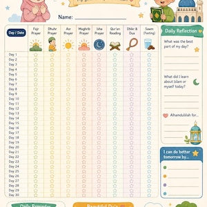 May include: A Ramadan Tracker chart featuring illustrations of children, a mosque, and a crescent moon. The grid includes columns for daily prayers, Quran reading, and fasting, with a section for daily reflection, a daily reminder, and a beautiful Du'a.