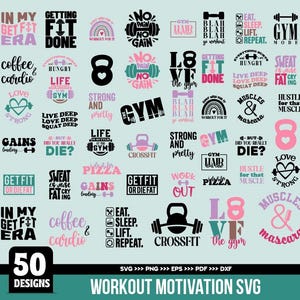 Puede incluir: Una colección de 50 diseños SVG de motivación para entrenamientos en varios colores, incluyendo rosa, negro y blanco. Los diseños presentan frases como "Get Fit", "No Pain No Gain" y "Eat, Sleep, Lift, Repeat."