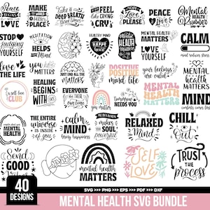 Paquete de imágenes PNG de salud mental, imágenes SVG de amor propio, imágenes SVG de mente en progreso, archivos PNG de bienestar mental, archivos listos para sublimación con citas de sanación