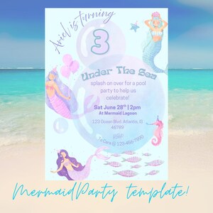 Editable Mermaid Invitation under the sea Invitation Pool Party Invitation Mermaid Printables Mermaid Birthday Party. Under the Sea. splash.