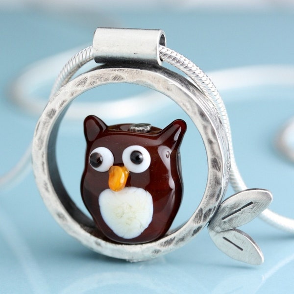 Tree Owl Silver and Glass Pendant