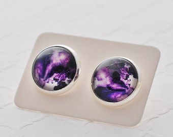 Purple Studs, Purple Earrings, Art Earrings, Acrylic Pour Jewelry, Abstract Studs, Purple Jewelry, Silver Earrings, Artist Jewelry, For Her