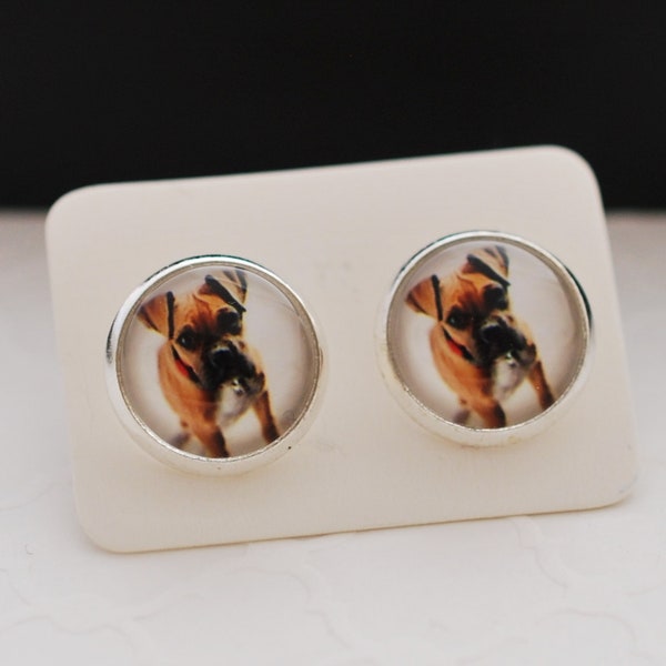 Boxer Earrings, Boxer Studs, Boxer Dog Gifts, Dog Stud Earrings, Cabochon Earrings, Silver Stud Earrings, Earrings for Women, Gifts For Her