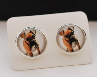 Boxer Dog Stud Earrings: Silver Cabochon Earrings for Women