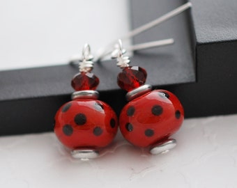 Red Glass Earrings, Red Drop Earrings, Lampwork Earrings, Artisan Glass, Red and Black, Silver Earrings, Earrings for Women, Gifts for Her