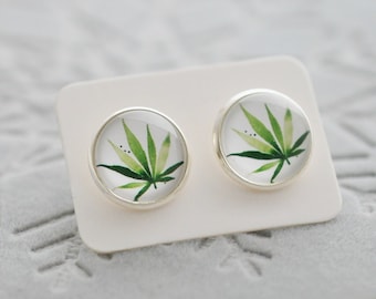 Pot Leaf Stud Earrings: Silver Green Plant Jewelry