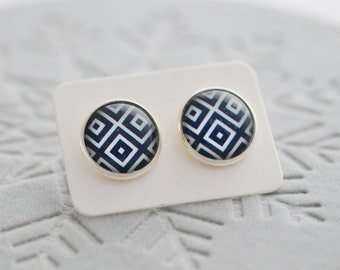 Blue Geometric Stud Earrings: Silver Plated, Navy & White