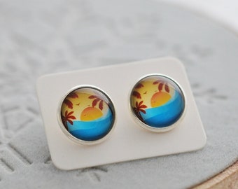 Palm Tree Stud Earrings: Beach Sunset, Tropical Jewelry