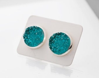 Teal Druzy Earrings, Teal Stud Earrings, Teal Druzy Studs, Faux Druzy Earrings, Teal Studs, Teal Blue Earrings, Silver Studs, Gifts for Her