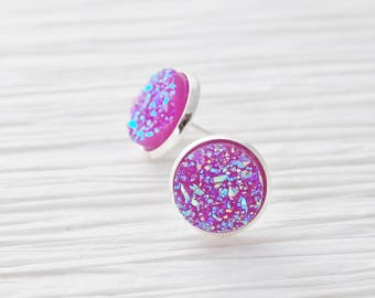 Purple Druzy Studs, Silver Studs, Druzy Earrings, Large Studs, Purple Studs, Faux Druzy, Silver Druzy Earrings, Faux Plugs, Gifts For Her