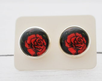 Red Rose Stud Earrings: Silver Plated Cabochon Jewelry