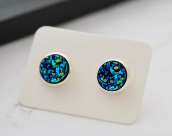 Blue Green Earrings, Blue Green Studs, Blue Green Druzy, Small Stud Earrings, Faux Druzy Earrings, Silver Stud Earrings, Metallic Earrings