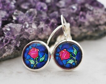 Rose Leverback Earrings: Pink & Blue Floral Cabochons