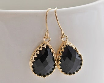 Black Glass Earrings, Black Drop Earrings, Teardrop Earrings, Gold Drop Earrings, Light Gold Earrings, Earrings for Women, Gifts for Her