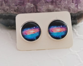Galaxy Stud Earrings: Silver Plated Space Jewelry