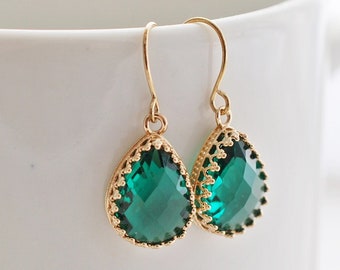 Green Glass Earrings, Emerald Green Earrings, Teardrop Earrings, Gold Drop Earrings, Light Gold Earrings, Earrings for Women, Gifts for Her