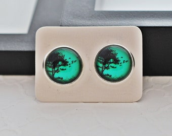 Tree Studs, Tree Earrings, Tree Jewelry, Teal Studs, Plant Earrings, Green Earrings, Nature Gift, Glass Studs, Silver Earrings, Gift For Her