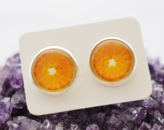 Orange Slice Stud Earrings, Photo Cabochon Earrings, Fruit Earrings, Food Earrings, Fun Earrings, Orange Post Earrings, Earrings for Women