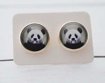 Panda Bear Stud Earrings, Tongue Out Animal Jewelry