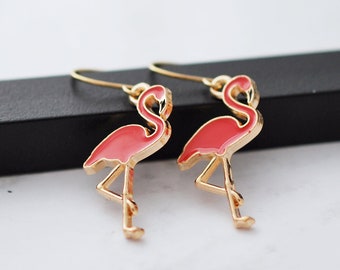 Flamingo Earrings, Pink Earrings, Bird Earrings, Gold Drop Earrings, Tropical Earrings, Enamel Earrings, Earrings for Women, Gift for Her