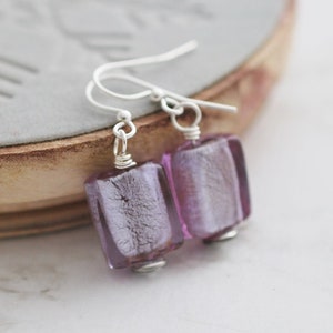 Purple Glass Earrings, Purple Drop Earrings, Murano Glass Earrings, Artisan Glass, Silver Earrings, Purple Tile Earrings, Earrings for Women