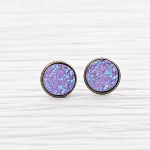 Purple Druzy Earrings, Druzy Studs, Light Purple, Faux Druzy, Lavender Earrings, Purple Stud Earrings, Antique Brass, Drusy Studs, For Her