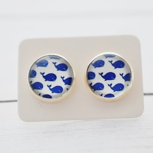 Nautical Studs, Blue Whales, Whale Gift, Animal Earrings, Cabochon Earrings, Fun Earrings, Silver Studs, Post Earrings, Earrings for Women