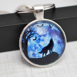 Blue Wolf Keychain, Howling Wolf, Wolf Keychain, Wolf Gift, Key Ring, Silver Keychain, For Him, Cabochon Keychain, Blue Keychain, Bad Wolf