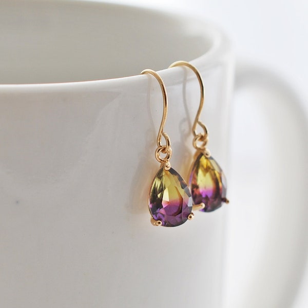 Purple and Yellow Earrings, Purple Ombre, Purple Teardrop Earrings, Yellow Jewelry, Light Gold Earrings, Yellow and Purple, Gifts for Women