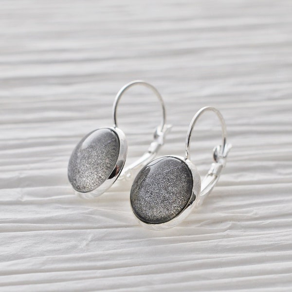 Gray Shimmer Leverback Earrings, Glass Cabochon Drop Earrings, Silver Lever Back Dangle Earrings, Earrings for Women, Handpainted Earrings