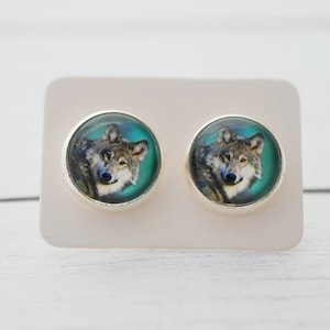 Wolf Studs, Animal Earrings, Howling Wolf, Wolf Jewelry, Wolves, Cabochon Earrings, Teal Studs, Glass Studs, Silver Earrings, Gifts For Her