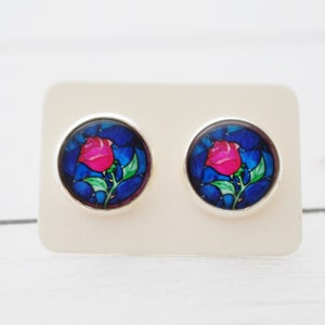 Pink Rose Stud Earrings: Silver Plated Cabochon Jewelry