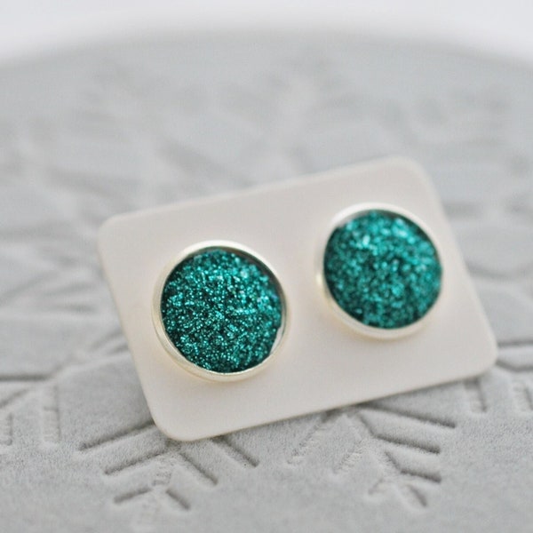 Teal Stud Earrings, Teal Druzy Earrings, Teal Glitter Studs, Teal Blue, Faux Druzy Earrings, Silver Studs, Earrings for Women, Gifts for Her