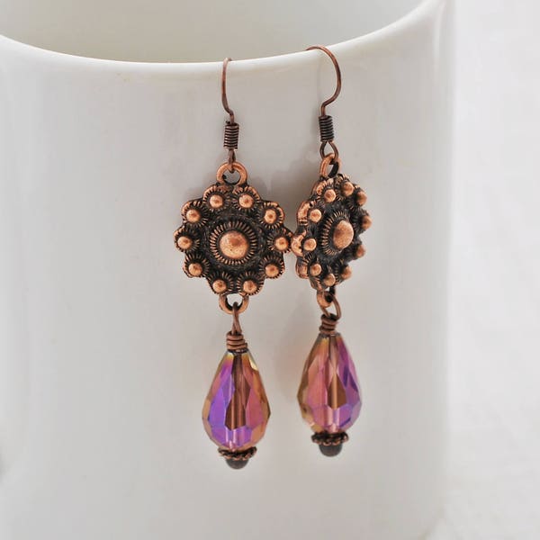 Purple Copper Earrings, Antique Copper, Purple Earrings, Teardrop Earrings, Crystal Earrings, Drop Earrings, Vintage Style, Boho Earrings