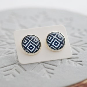 Blue Geometric Earrings, Blue Geometric Studs, Blue Geometric Jewelry, Blue and White Earrings, Navy Blue Earrings, Earrings for Women